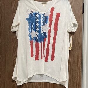 ONE WORLD White Tee with Red and Blue Star Design